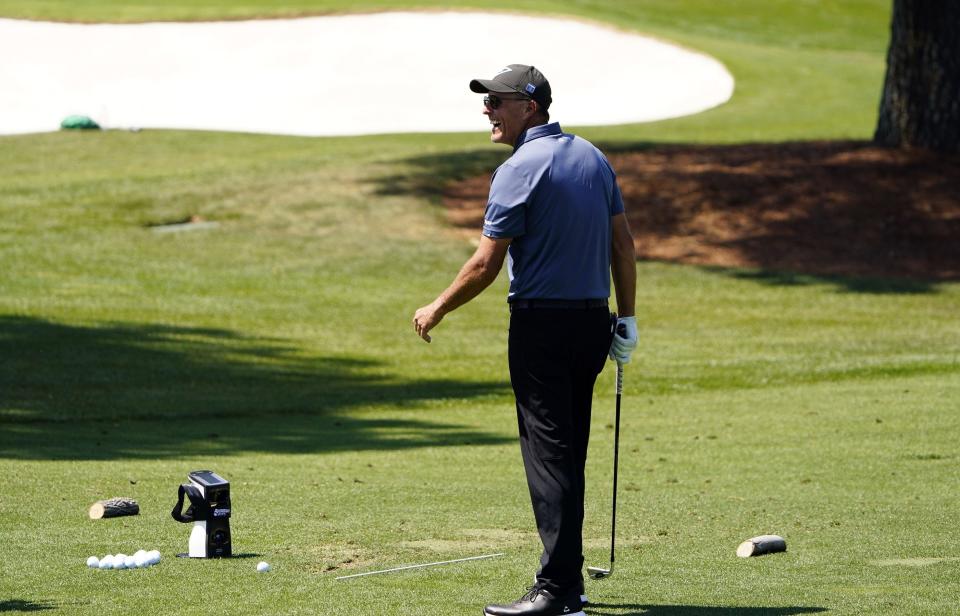 Phil Mickelson on the practice range Monday.