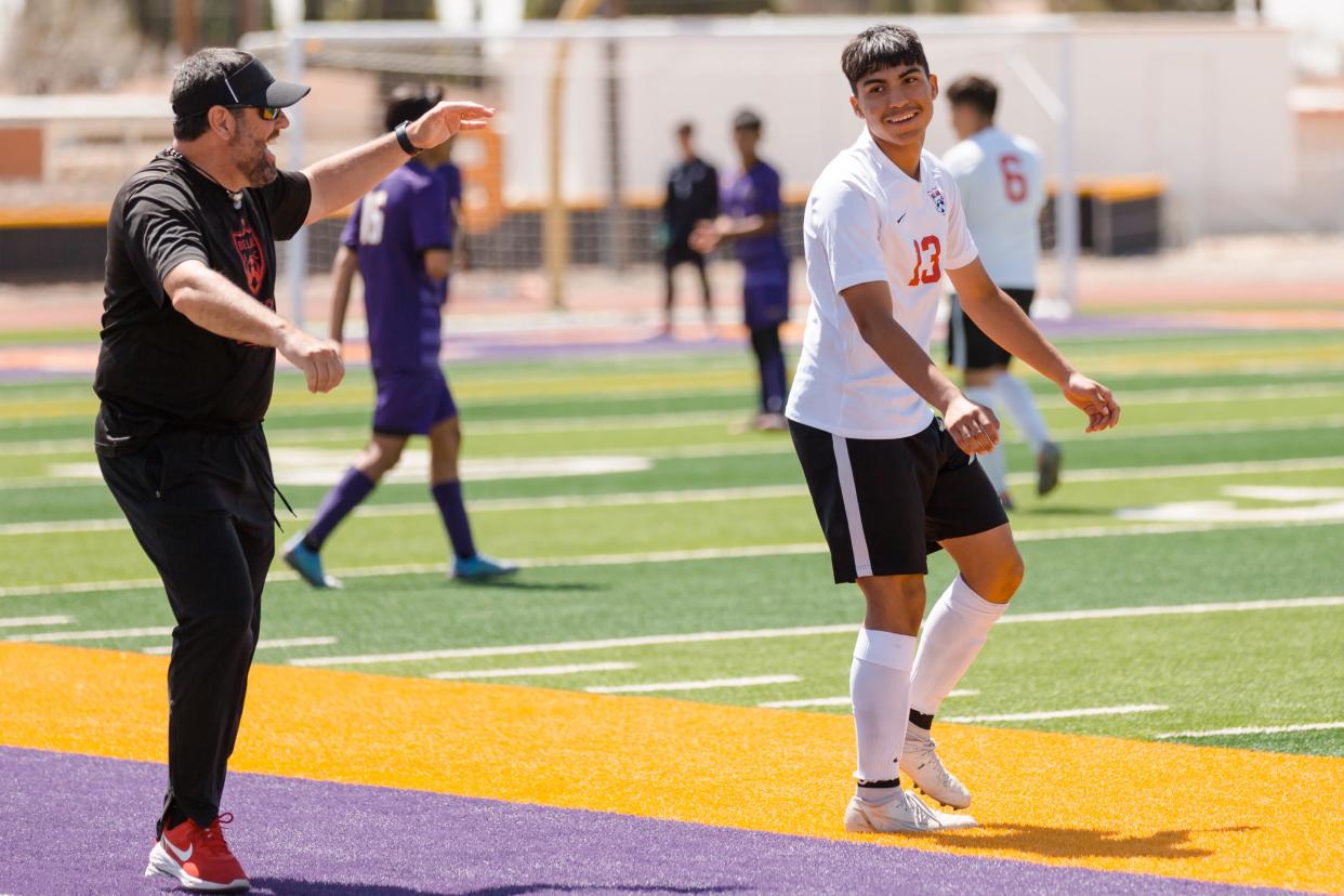 Bel Air celebrates their 1-0 win against Burges in a Class 5A district soccer playoff game Saturday, March 26, 2022, at Burges High School in El Paso, Texas.