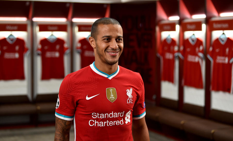 LIVERPOOL, ENGLAND - SEPTEMBER 18: (THE SUN OUT, THE SUN ON SUNDAY OUT) Thiago Alcantara new signing of Liverpool at Anfield on September 18, 2020 in Liverpool, England. (Photo by Andrew Powell/Liverpool FC via Getty Images)