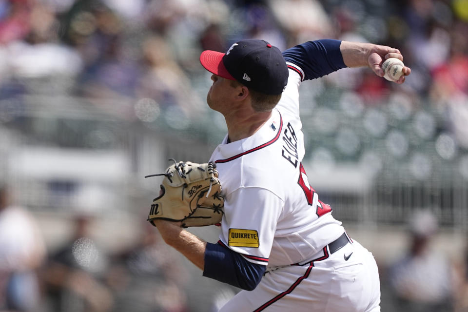 Atlanta Braves starting pitcher Bryce Elder (55) delivers in the first inning of a baseball game against the Philadelphia Phillies, Wednesday, Sept. 20, 2023, in Atlanta. (AP Photo/Brynn Anderson)