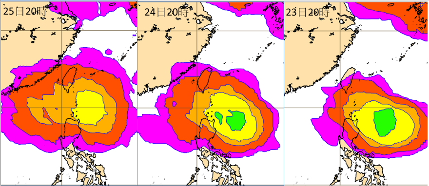 最新歐洲（ECMWF）系集模式模擬圖顯示，下週二（23日）台灣東南方有「熱帶擾動」醞釀及活動的機率（右圖），下週三、四（24、25日）往西北移動（中、左圖），但不確定性範圍橫跨台灣東部海面至呂宋島。（翻攝自「三立準氣象· 老大洩天機」）