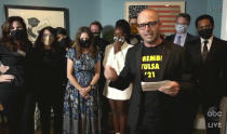 In this video grab captured on Sept. 20, 2020, courtesy of the Academy of Television Arts & Sciences and ABC Entertainment, Damon Lindelof and the team from "Watchmen" accept the award for outstanding limited series or movie during the 72nd Emmy Awards broadcast. (The Television Academy and ABC Entertainment via AP)