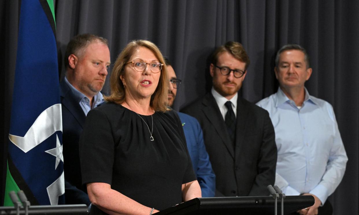 <span>The minister for Infrastructure, Catherine King, announces the revised vehicle efficiency standards today. She was joined by Matt Hobbs, CEO of the Motor Trades Association, Richie Merzian from the Smart Energy Council, Tesla’s Sam McLean and Toyota’s CEO, Matthew Callachor.</span><span>Photograph: Mick Tsikas/AAP</span>