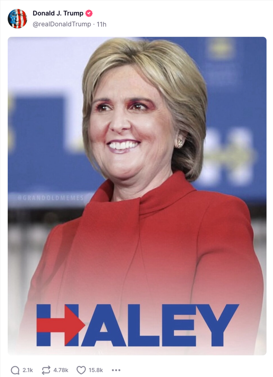Donald Trump trolled Nikki Haley with a crudely photoshopped image of Hillary Clinton (@realDonaldTrump/ Truth Social)
