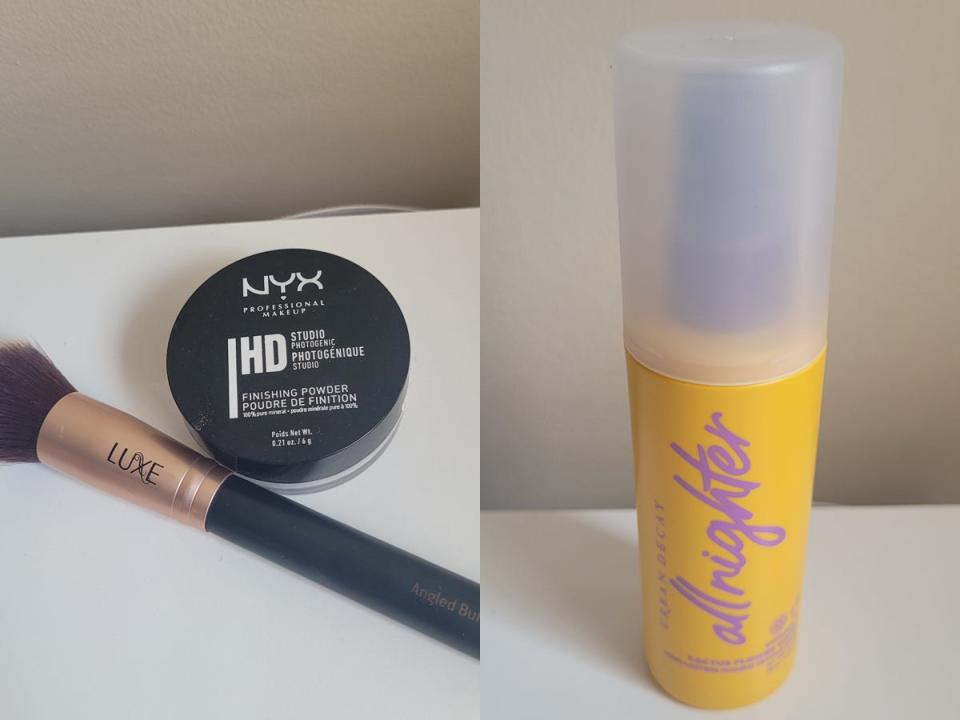 Circular jar of powder with "Nyx" text and a black makeup brush with gold ferrule; A yellow container of setting spray sits on a white counter