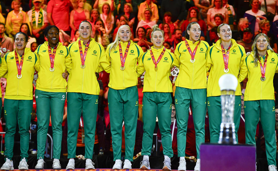 Aussie Diamonds, pictured here after the Netball World Cup final.