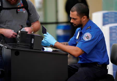 FILE PHOTO: An employee with the Transportation Security Administration (TSA) checks the documents of a traveler at Reagan National Airport in Washington, U.S., January 6, 2019. REUTERS/Joshua Roberts/File Photo