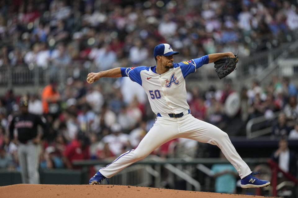 Atlanta Braves pitcher Charlie Morton (50) works in the first inning of a baseball game against the Cleveland Guardians, Saturday, April 27, 2024, in Atlanta. (AP Photo/Mike Stewart)