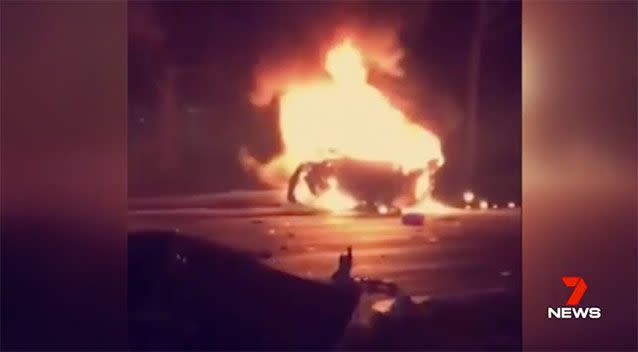 The Mercedes bursts into flames. Source: 7 News