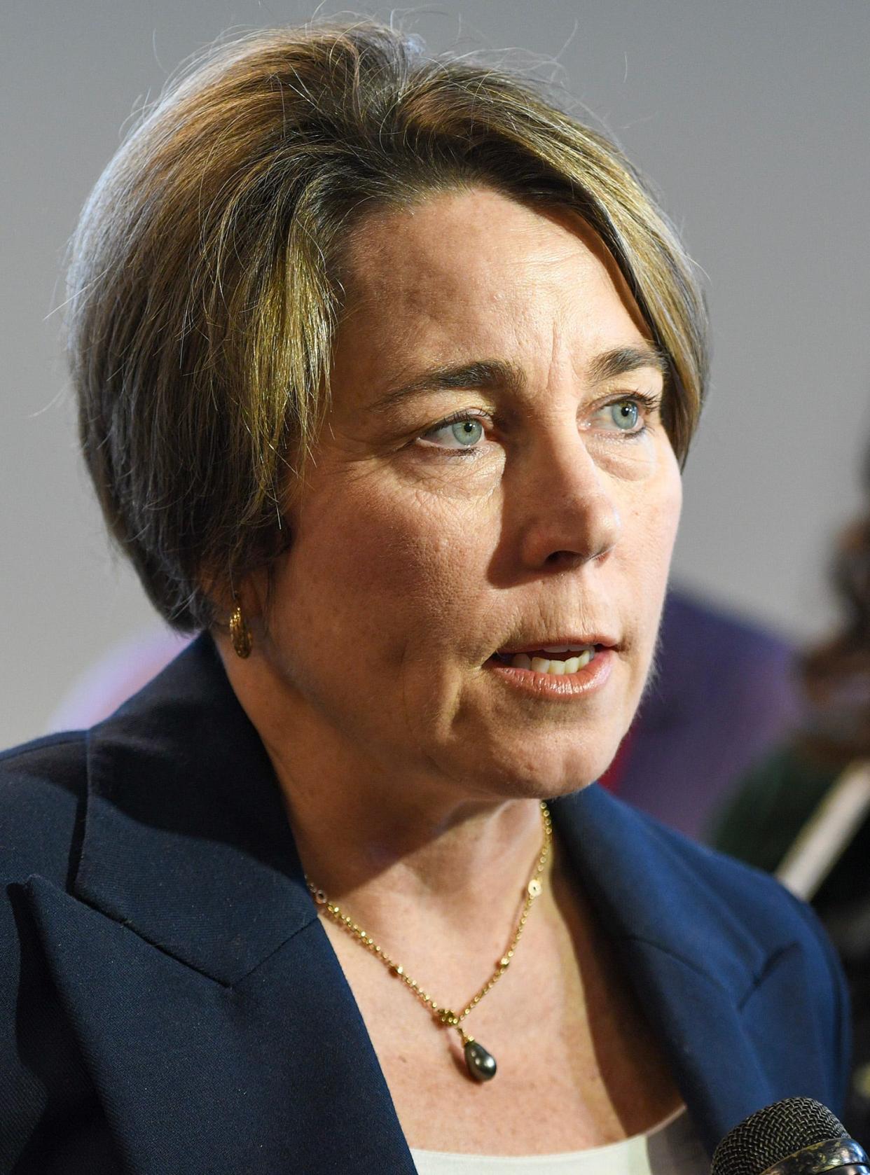Governor Maura Healey speaks to reporters Friday, March 15, 2024.