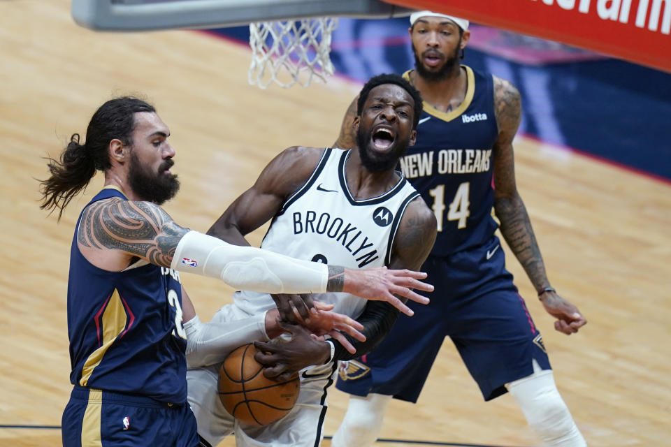 Brooklyn Nets forward Jeff Green is fouled by New Orleans Pelicans center Steven Adams as he goes to the basket in the first half of an NBA basketball game in New Orleans, Tuesday, April 20, 2021. (AP Photo/Gerald Herbert)