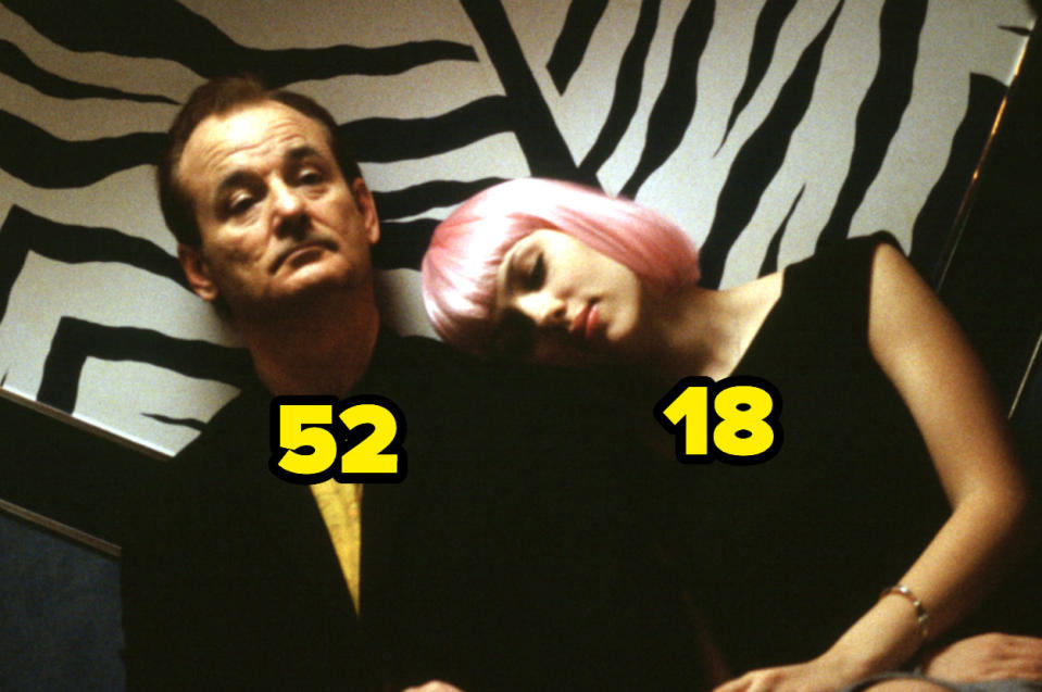 Bill Murray is 52, with 18-year-old Scarlett Johansson resting her head on his shoulder