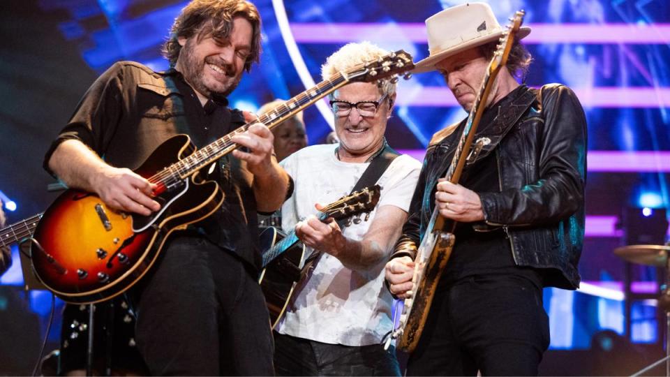 REO Speedwagon songs ANUARY 11: (L-R) Musicians Tom Bukovac, Kevin Cronin of REO Speedwagon and Kenny Wayne Shepherd perform onstage during the Jim Irsay Collection Exhibit and Concert at Shrine Auditorium and Expo Hall on January 11, 2024 in Los Angeles, California. (Photo by Scott Dudelson/Getty Images)