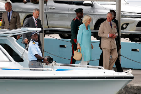 Britain's Prince Charles and Camilla, Duchess of Cornwall arrive at Nevis during their visit to St Kitts and Nevis, March 21, 2019. REUTERS/Phil Noble