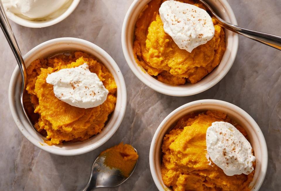 <p>This silky smooth sweet potato pudding is a lighter, simplified cousin of <a href="https://www.delish.com/cooking/recipe-ideas/a21960705/best-sweet-potato-casserole-marshmallows-pecans-recipe/" rel="nofollow noopener" target="_blank" data-ylk="slk:sweet potato casserole;elm:context_link;itc:0;sec:content-canvas" class="link ">sweet potato casserole</a> without the topping or crust. It's essentially the filling of <a href="https://www.delish.com/cooking/recipe-ideas/recipes/a55690/best-sweet-potato-pie-recipe/" rel="nofollow noopener" target="_blank" data-ylk="slk:sweet potato pie;elm:context_link;itc:0;sec:content-canvas" class="link ">sweet potato pie</a> with an optional <a href="https://www.delish.com/cooking/recipe-ideas/a24492200/how-to-make-homemade-whipped-cream/" rel="nofollow noopener" target="_blank" data-ylk="slk:whipped cream;elm:context_link;itc:0;sec:content-canvas" class="link ">whipped cream</a> or marshmallow fluff topping. No crust or crimping fuss required! The texture is smooth like a <a href="https://www.delish.com/cooking/recipe-ideas/a28224587/homemade-chocolate-pudding-recipe/" rel="nofollow noopener" target="_blank" data-ylk="slk:pudding;elm:context_link;itc:0;sec:content-canvas" class="link ">pudding</a> but, after chilling, holds its shape similar to cold ice cream. If you like, add toasted, chopped pecans and toasted coconut for a little more flair.<br><br>Get the <strong><a href="https://www.delish.com/cooking/recipe-ideas/a41645896/sweet-potato-pudding-recipe/" rel="nofollow noopener" target="_blank" data-ylk="slk:Sweet Potato Pudding recipe;elm:context_link;itc:0;sec:content-canvas" class="link ">Sweet Potato Pudding recipe</a></strong>.</p>