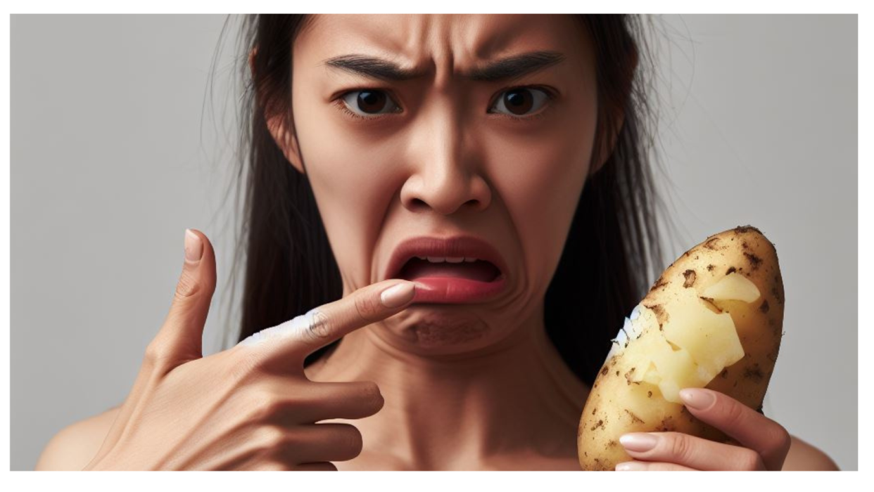 woman eating a raw potato with a disgusted look on her face
