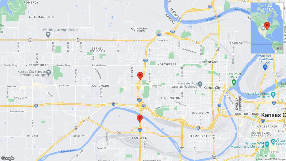 A detailed map that shows the affected road due to 'Lane on I-635 closed in Kansas City' on May 3rd at 11:58 p.m.