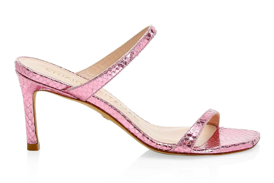 pink heels, metallic, stuart weitzman