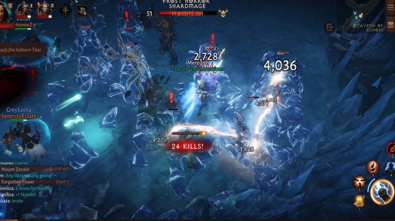 A screenshot of Diablo Immortal shows a huge group of ghostly monsters attacking a single warrior.