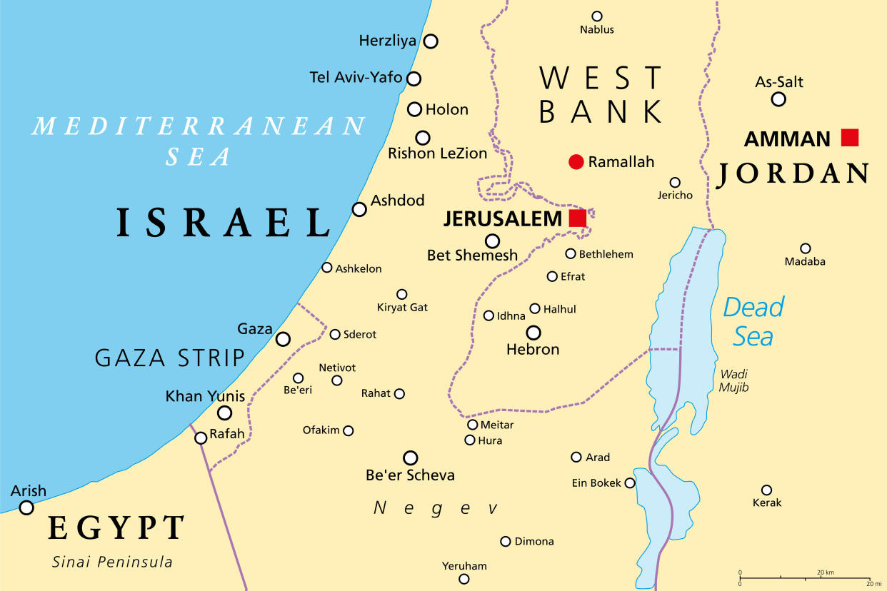 A map shows southern Israel, the Gaza Strip and surrounding countries, including the location of the Rafah border crossing from Gaza into Egypt's Sinai peninsula. / Credit: Getty/iStockphoto