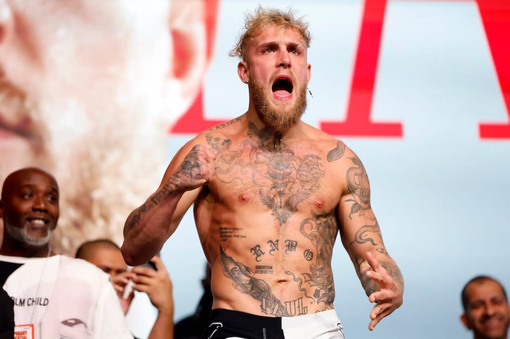 GLENDALE, ARIZONA - OCTOBER 28: Jake Paul poses during his officialweigh in at Desert Diamond Arena on October 28, 2022 in Glendale, Arizona. (Photo by Chris Coduto/Getty Images)