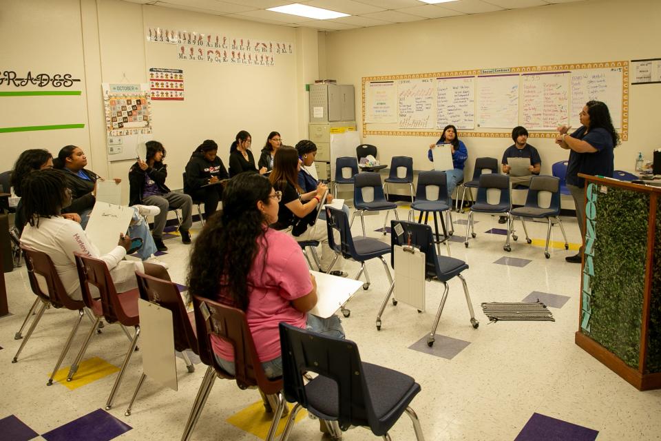 Students in Jerri-Ann Gonzalez's American Sign Language 2 class learn about nationalities and countries at Miller High School Wednesday, Oct. 25, 2023.