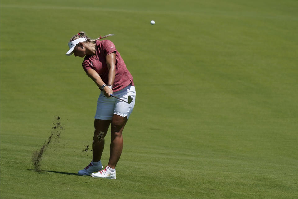 Emily Pedersen, of Denmark, plays a shot from the 15th fairway during the second round of the women's golf event at the 2020 Summer Olympics, Thursday, Aug. 5, 2021, at the Kasumigaseki Country Club in Kawagoe, Japan. (AP Photo/Matt York)