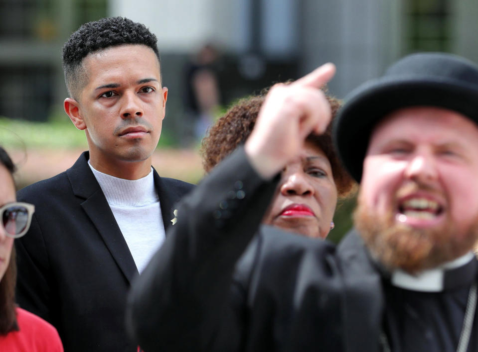 Pulse nightclub massacre survivor Brandon Wolf, left, at a press conference held by central Florida legislators and gun safety advocates inn 2019. (Photo: Joe Burbank/Orlando Sentinel/Tribune News Service via Getty Images)