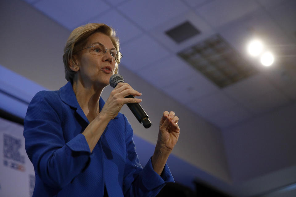 Democratic presidential candidate Sen. Elizabeth Warren, D-Mass., speaks at the Iowa State Education Association Candidate Forum, Saturday, Jan. 18, 2020, in West Des Moines, Iowa. (AP Photo/Patrick Semansky)