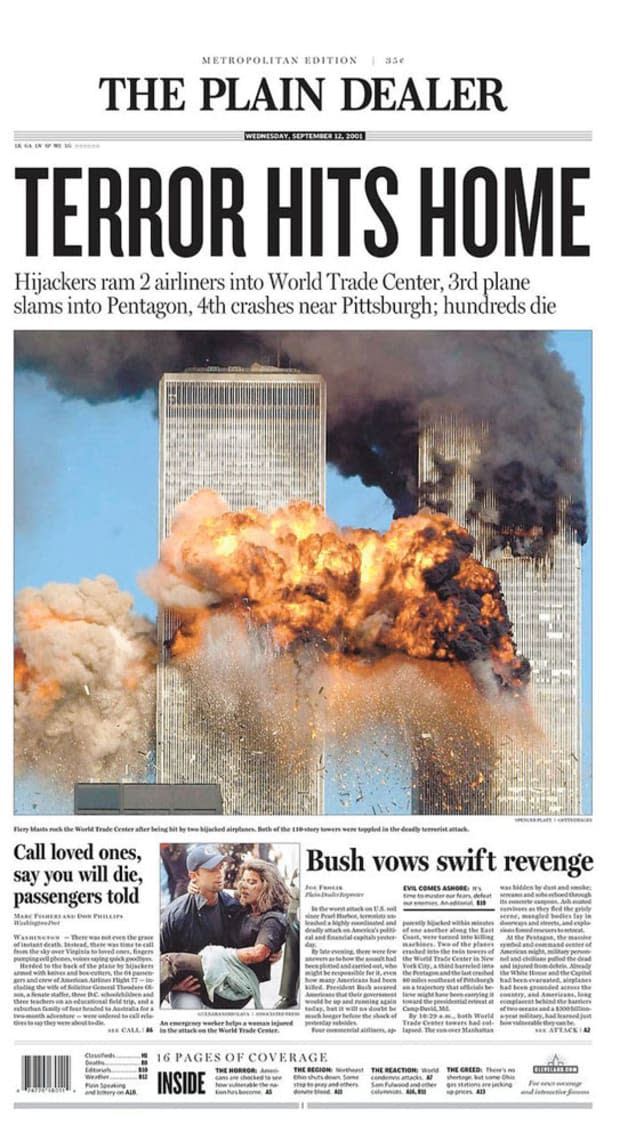 <p>"Terror Hits Home: Hijackers ram 2 airliners into World Trade Center; 3rd plane slams into Pentagon, 4th crashes near Pittsburgh; hundreds die"</p>
