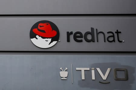 A sign for Red Hat and Tivo hang on a building in Boston