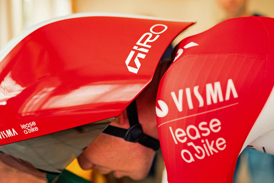 prototype Giro Aerohead 2.0 aero TT helmet, aerodynamic time-trial protection for Team Visma at Tirreno Adriatico 2024, rear detail