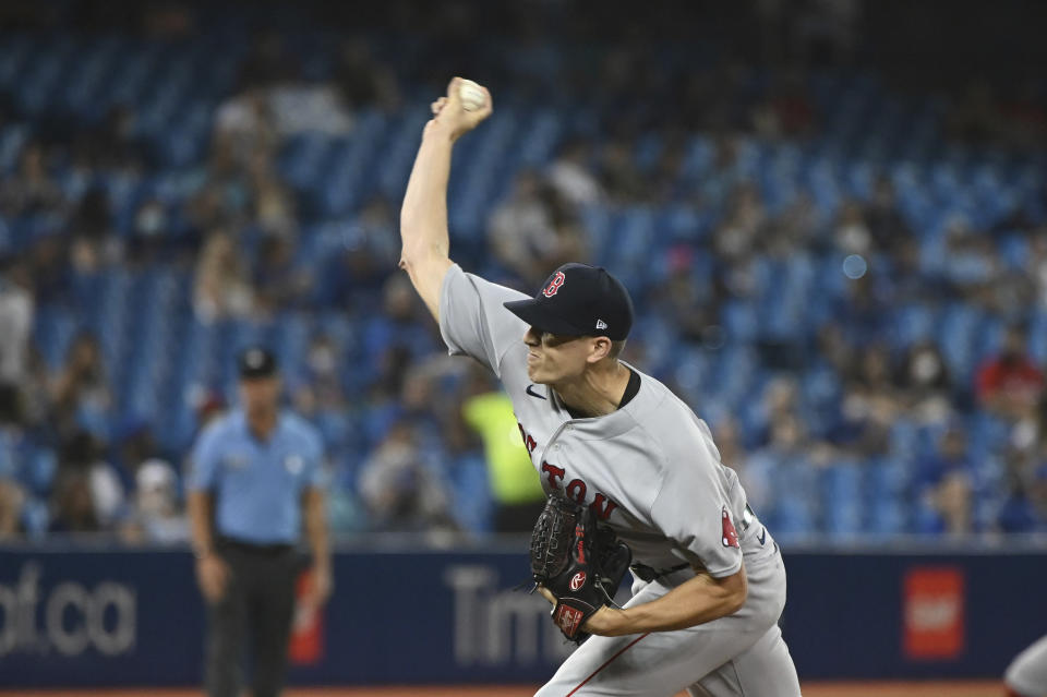 Boston Red Sox starting pitcher Nick Pivetta delivers in the first inning of the first baseball game of a doubleheader against the Toronto Blue Jays in Toronto, Saturday Aug. 7, 2021. (Jon Blacker/The Canadian Press via AP)