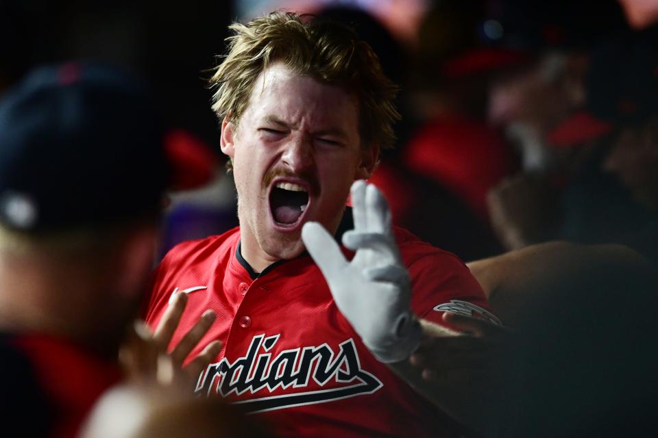 Sep 16, 2024; Cleveland, Ohio, USA; Cleveland Guardians designated hitter Kyle Manzardo (9) celebrates after hitting a two-run home run during the eighth inning against the Minnesota Twins at Progressive Field. Mandatory Credit: Ken Blaze-Imagn Images