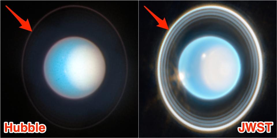 A side by side comparison of recent pictures of Uranus shows the rings much brighter when taken with JWST than Hubble.  The pictures are annotated and read "Hubble" and "JWST"