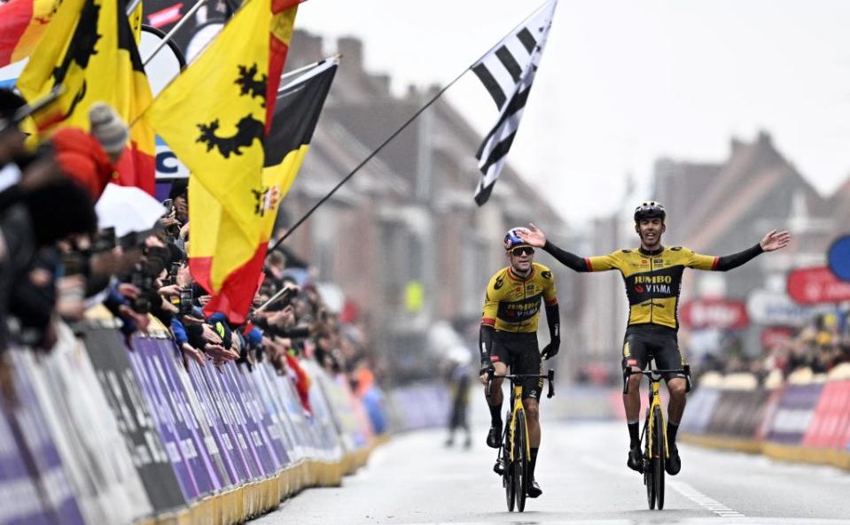 Belgian Wout van Aert of Team JumboVisma and French Christophe Laporte of JumboVisma celebrate after winning the mens GentWevelgem  In Flanders Fields cycling race 2609 km from Ieper to Wevelgem Sunday 26 March 2023 BELGA PHOTO JASPER JACOBS Photo by JASPER JACOBS  BELGA MAG  Belga via AFP Photo by JASPER JACOBSBELGA MAGAFP via Getty Images