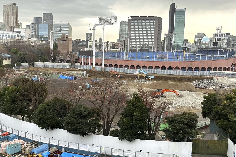 A view of the expanse of trees around Tokyo's Jingu Gaien area that are slated to be cut in order to build three skyscrapers in one of the city's most beloved park areas Saturday, Jan. 13, 2024. The controversial plan is facing strong opposition. (AP Photo/Stephen Wade)
