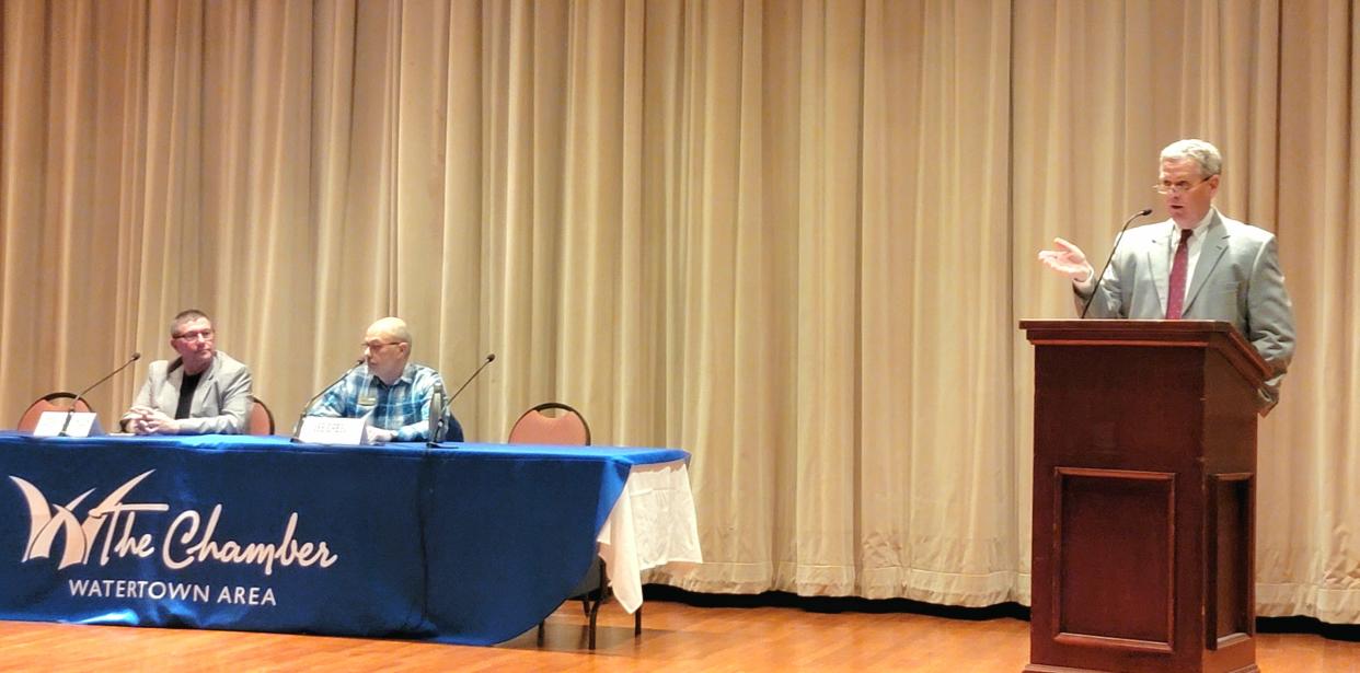 Codington County Commission District 1 Republican primary Republican candidates Lee Gabel, left, and Kerry Jorgenson at Tuesday's candidate forum. Mark Roby, right, was the moderator for the event.