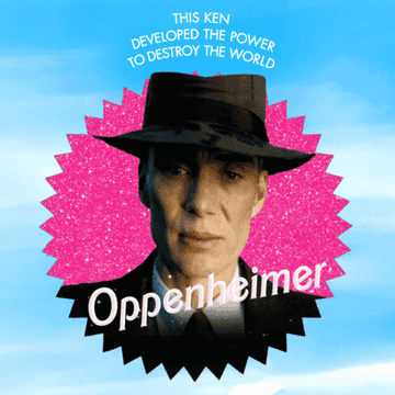 Oppenheimer and Barbie drawing that makes Cillian Murphy's Oppenheimer look like he is part of the Barbie promotion as a Ken Doll