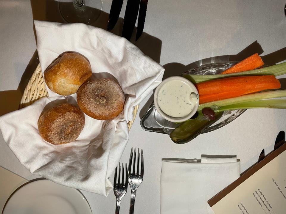 Rolls and carrots, celery and ranch at Keens steak house 