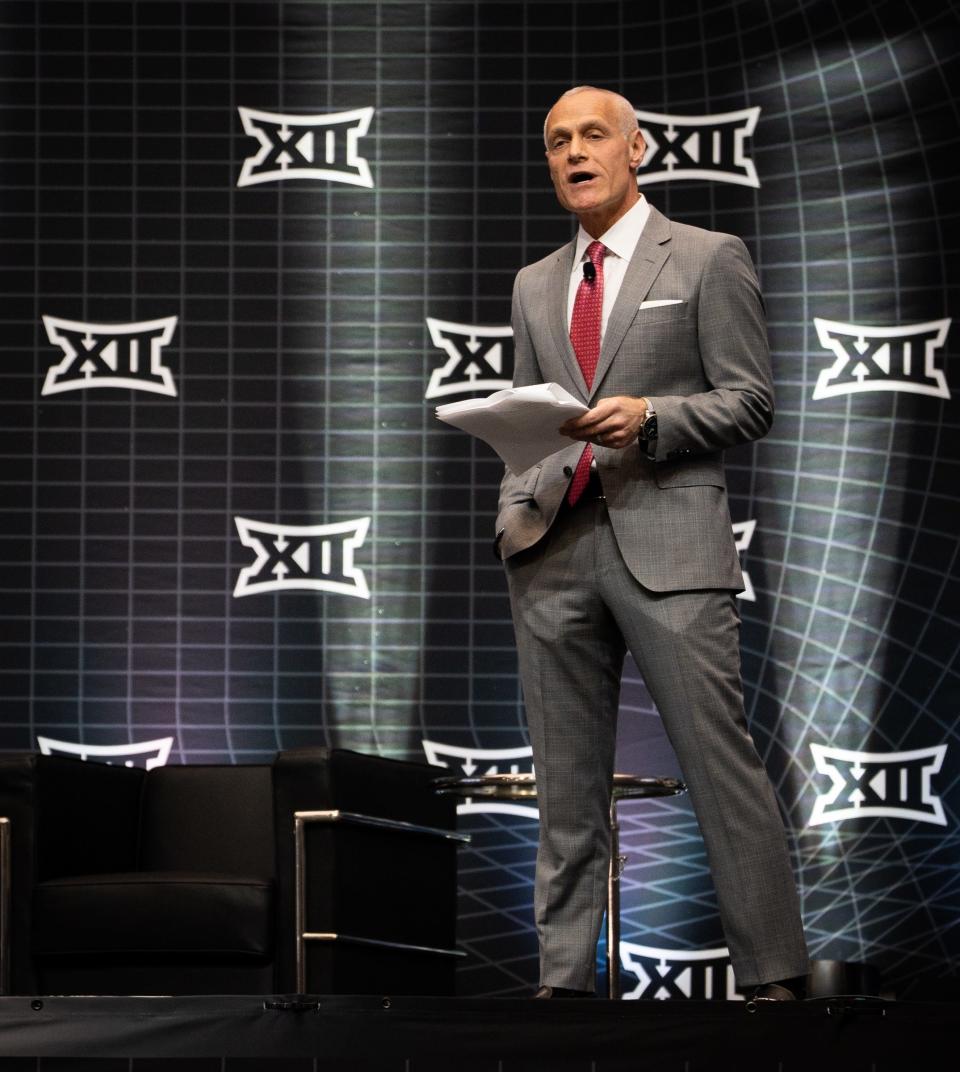 Big 12 Commissioner Brett Yormark speaks during Big 12 Media Day on Wednesday at AT&T Stadium in Arlington, Texas.