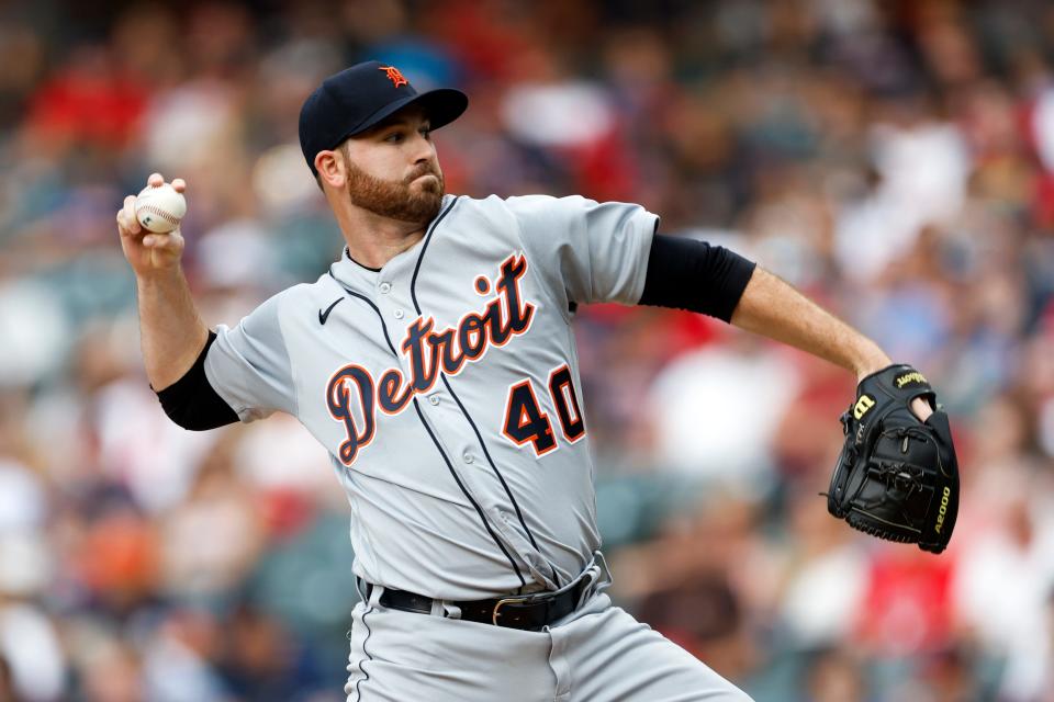 Tigers starting pitcher Drew Hutchison throws to a Guardians batter during the first inning of a baseball game Friday, July 15, 2022, in Cleveland.