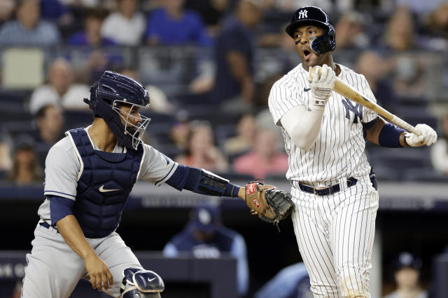 New York Yankees' Miguel Andujar at bat during the seventh inning of a  baseball game against the Tampa Bay Rays on Monday, May 31, 2021, in New  York. (AP Photo/Adam Hunger Stock