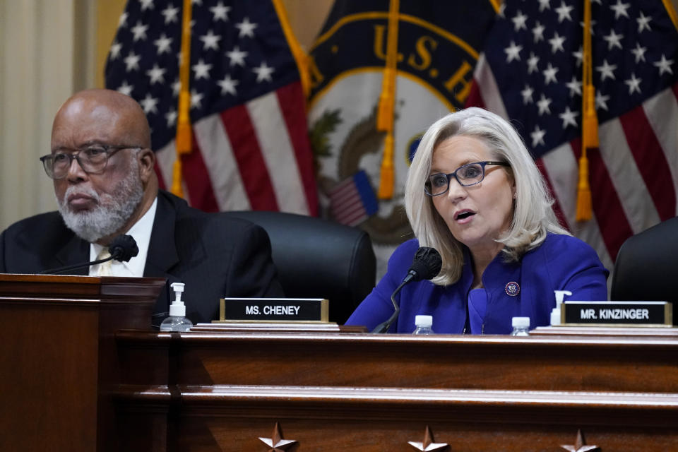 Committee Vice Chair Liz Cheney, R-Wyo., speaks as the House select committee investigating the Jan. 6 attack on the U.S. Capitol holds its final meeting on Capitol Hill in Washington, Monday, Dec. 19, 2022. Committee Chairman Bennie Thompson, D-Miss., left. (AP Photo/J. Scott Applewhite)