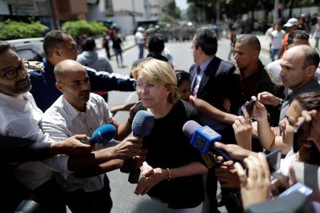 Venezuela's chief prosecutor Luisa Ortega Diaz speaks to the press during a flash visit to the Public prosecutor's office in Caracas, Venezuela August 5, 2017. REUTERS/Ueslei Marcelino