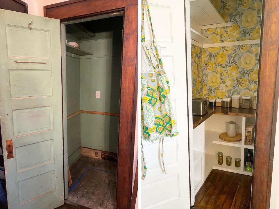 A small closet in the dining room is transformed into a butler's pantry.