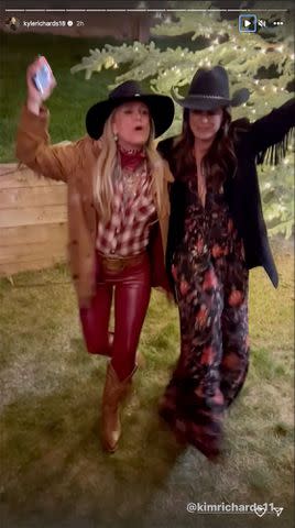 <p>Kyle Richards Umansky/Instagram</p> Kim Richards (left) and sister Kyle Richards dance at Whitney Davis' wedding on June 24, 2023.