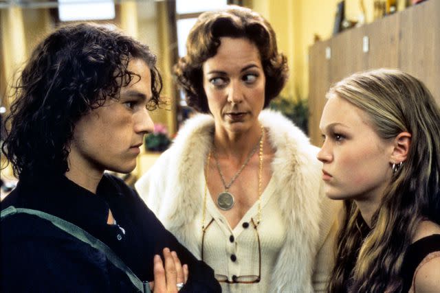 <p>Buena Vista Pictures/Courtesy Everett Collection</p> Heath Ledger, Allison Janney, and Julia Stiles in '10 Things I Hate About You'