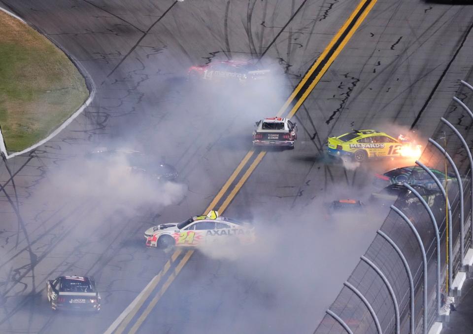 A massive crash collected William Byron (24), Ryan Blaney (12) and Riley Herbst (15) among several others late in the second of two Daytona Duel races on Thursday, February 15, 2024.