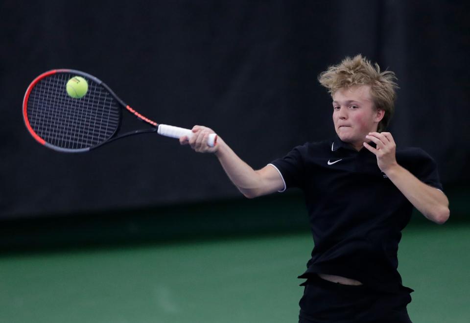 Green Bay Notre Dame's Matt Gugluizza competes in the WIAA boys individual state tennis tournament June 1 at Nielsen Tennis Stadium in Madison. Gugluizza and his teammates will play in the state team tournament this weekend.